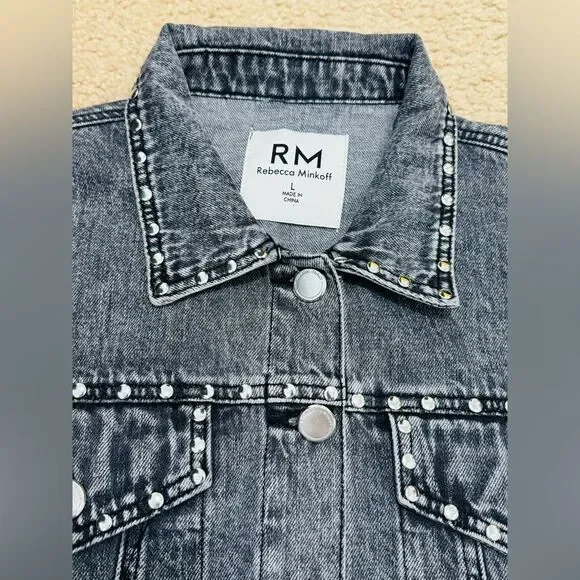 NWOT Rebecca Minkoff Studded Light Black Wash Denim Jean Jacket Women’s Sz L - Picture 8 of 16